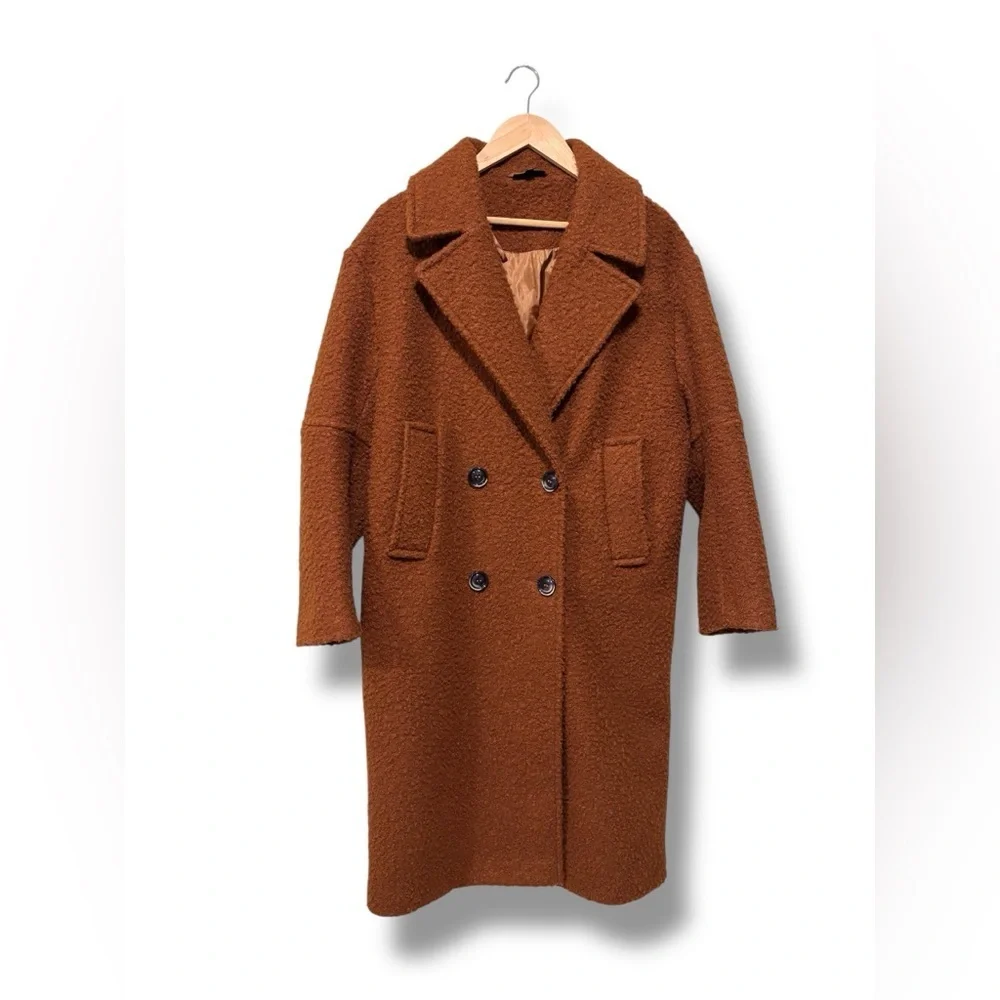 TOPSHOP Teddy Boucle Brown Double Breasted Collared Overcoat Size 8